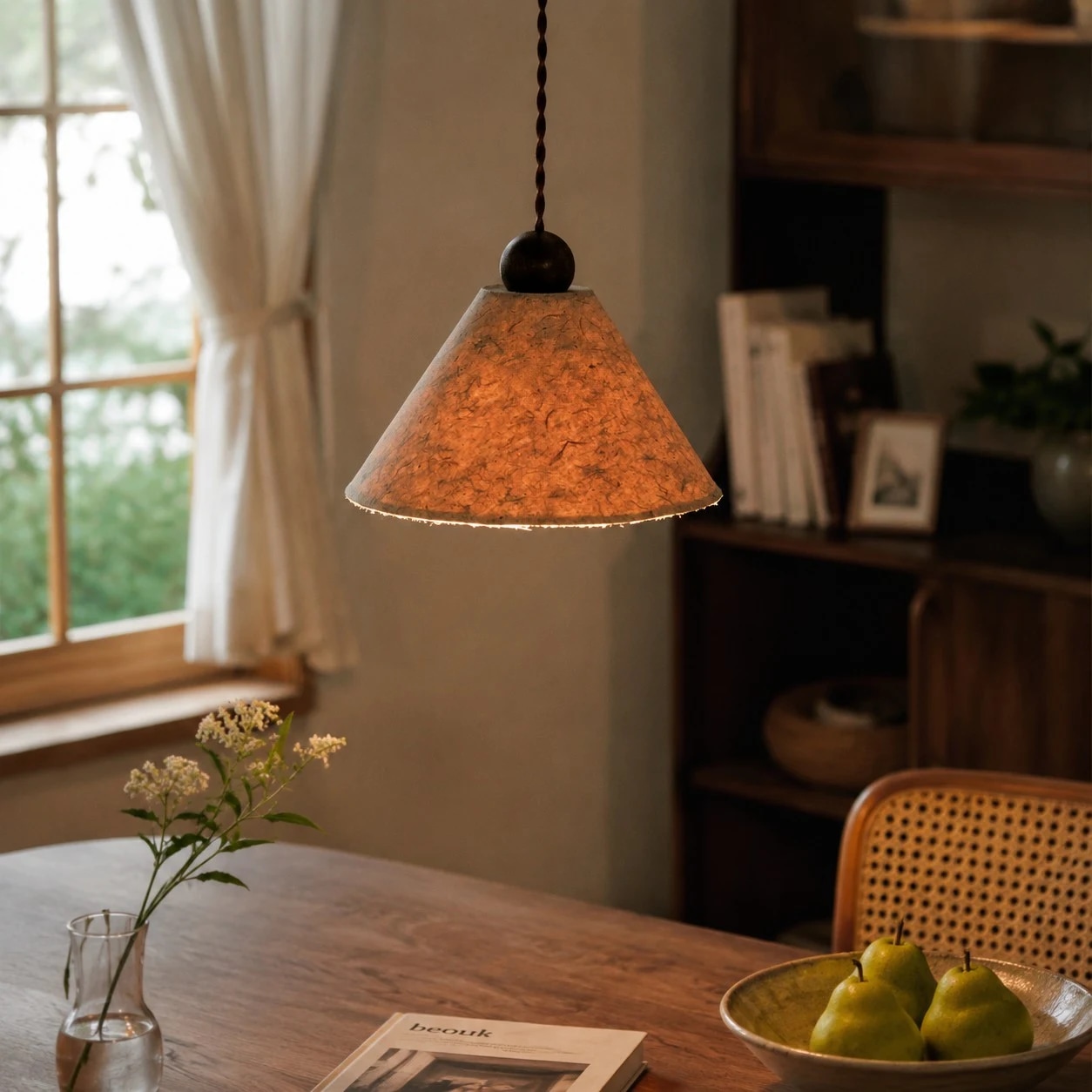 Hanglamp van warm, natuurlijk papier, geïnstalleerd boven een eettafel.