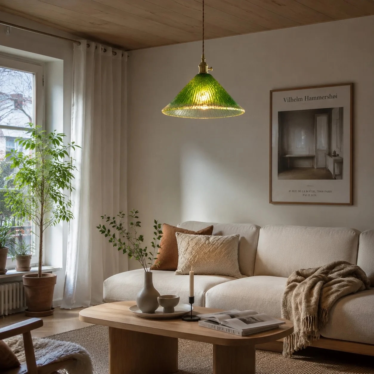 Green pendant light in a living room corner