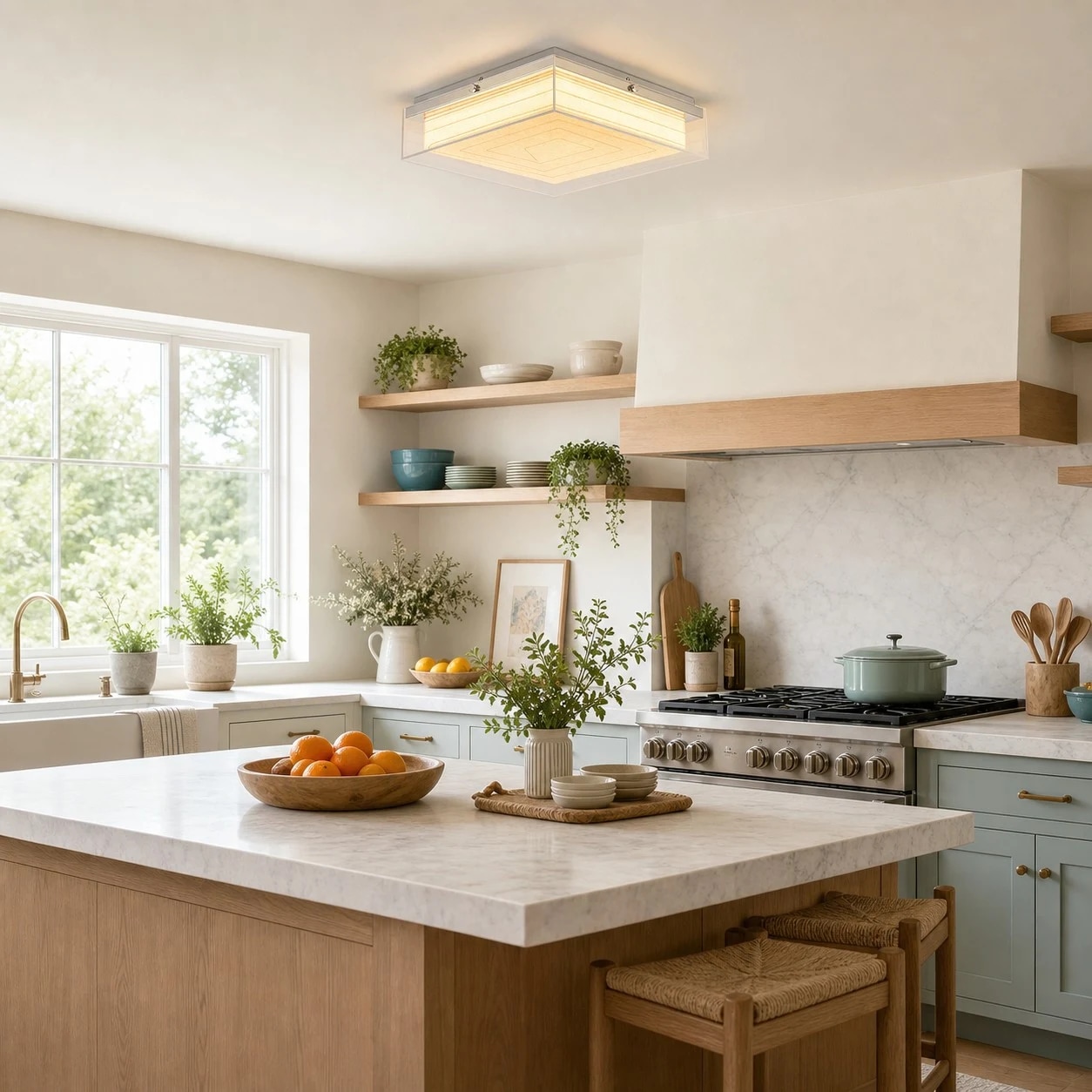 Square ceiling lamp installed over a bright kitchen island