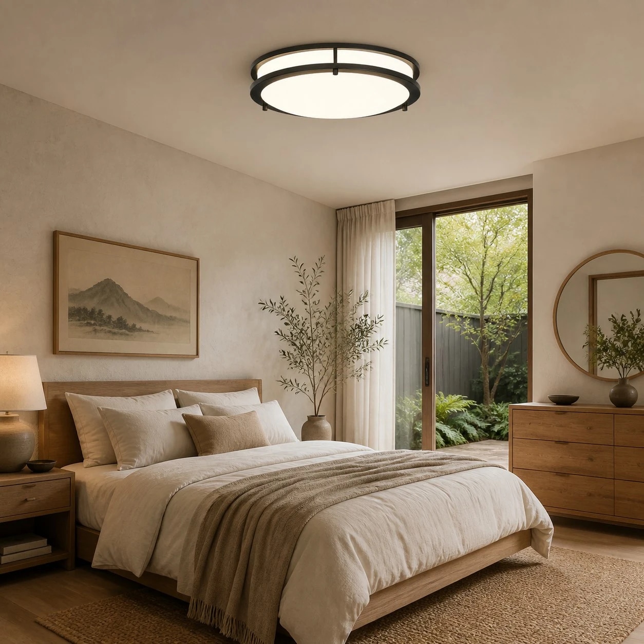 Bauhaus ceiling light installed in a bedroom with full fixture visible