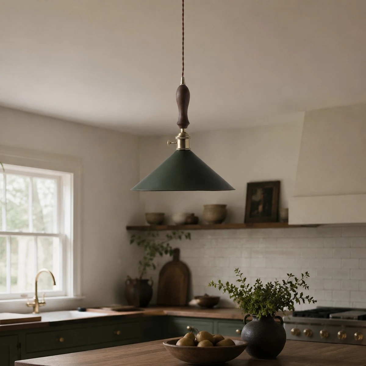 zielona lampa wisząca z abażurem ze skóry nad blatem kuchennym w pobliżu okna