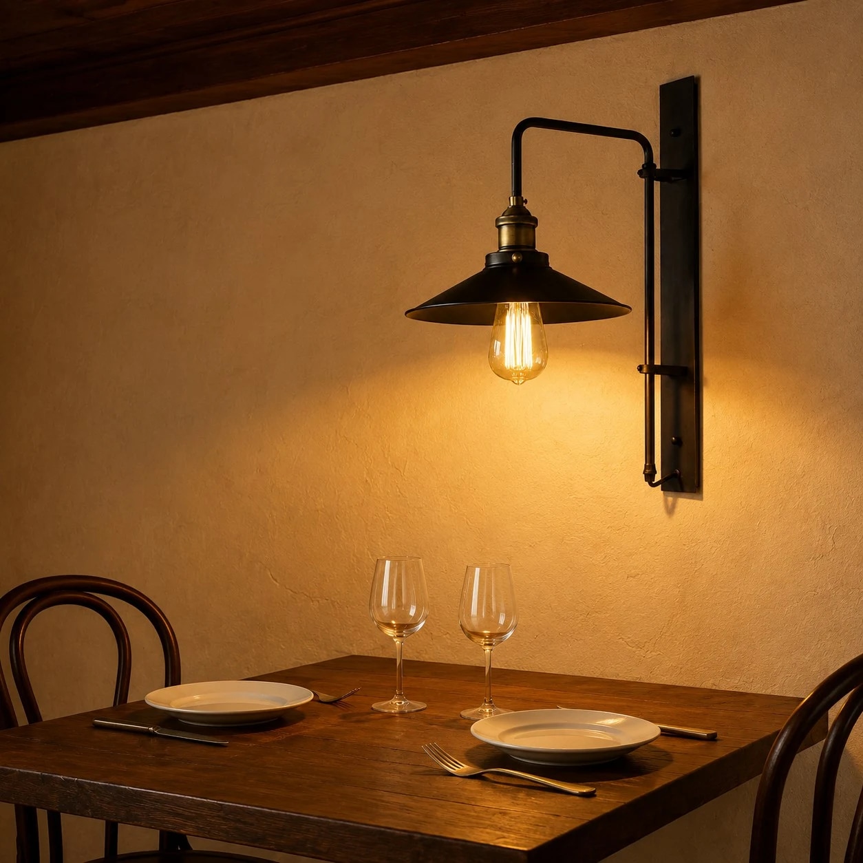 Lampada da parete in bronzo scuro che illumina accanto a un tavolo da pranzo all'aperto.