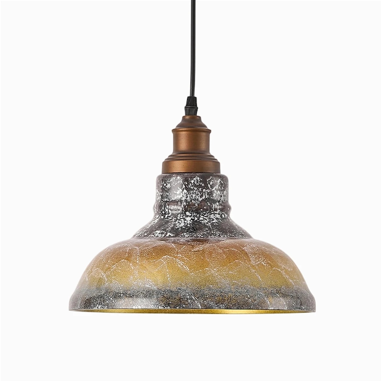 Pendelleuchte aus rauchgrauem und goldfarbenem Glas mit gebürsteter Bronzeoberfläche.
