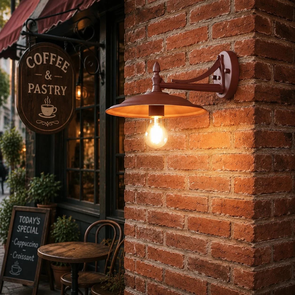 Wandleuchte in Kaffeebraun neben einer Backsteinfassade im Café-Stil