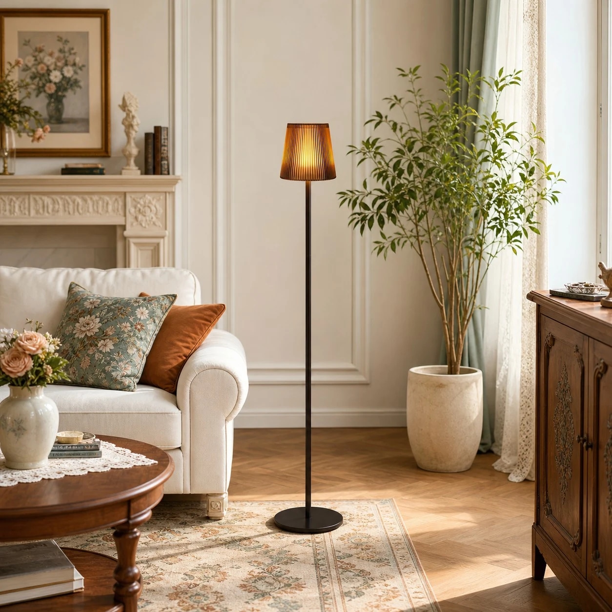 Lampadaire à côté du canapé et de la plante