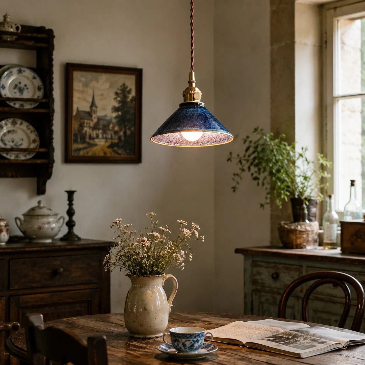 Suspension en céramique bleue installée au-dessus d'une table à manger rustique