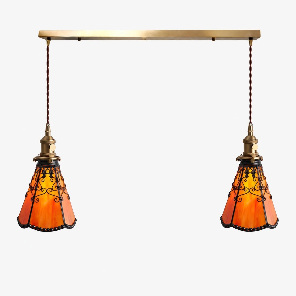 Orange red two-light linear Tiffany style pendant