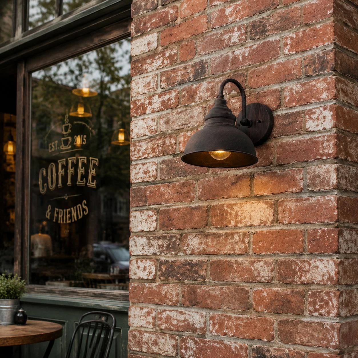 Rust bronze outdoor wall sconce mounted on a brick exterior wall