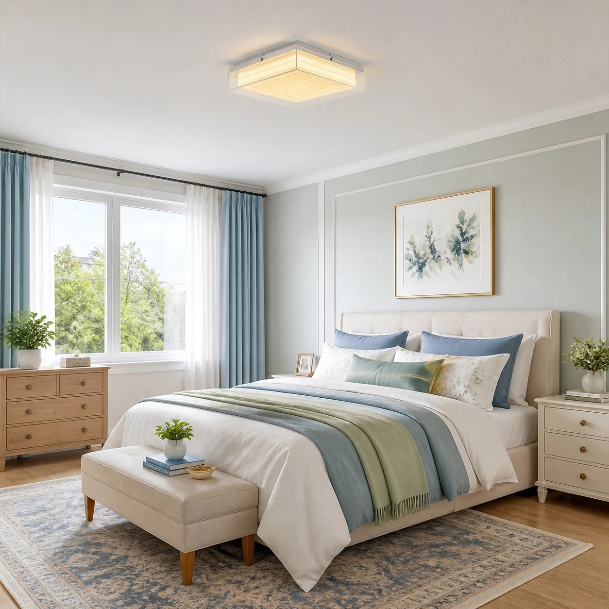 Square ceiling lamp in a bedroom