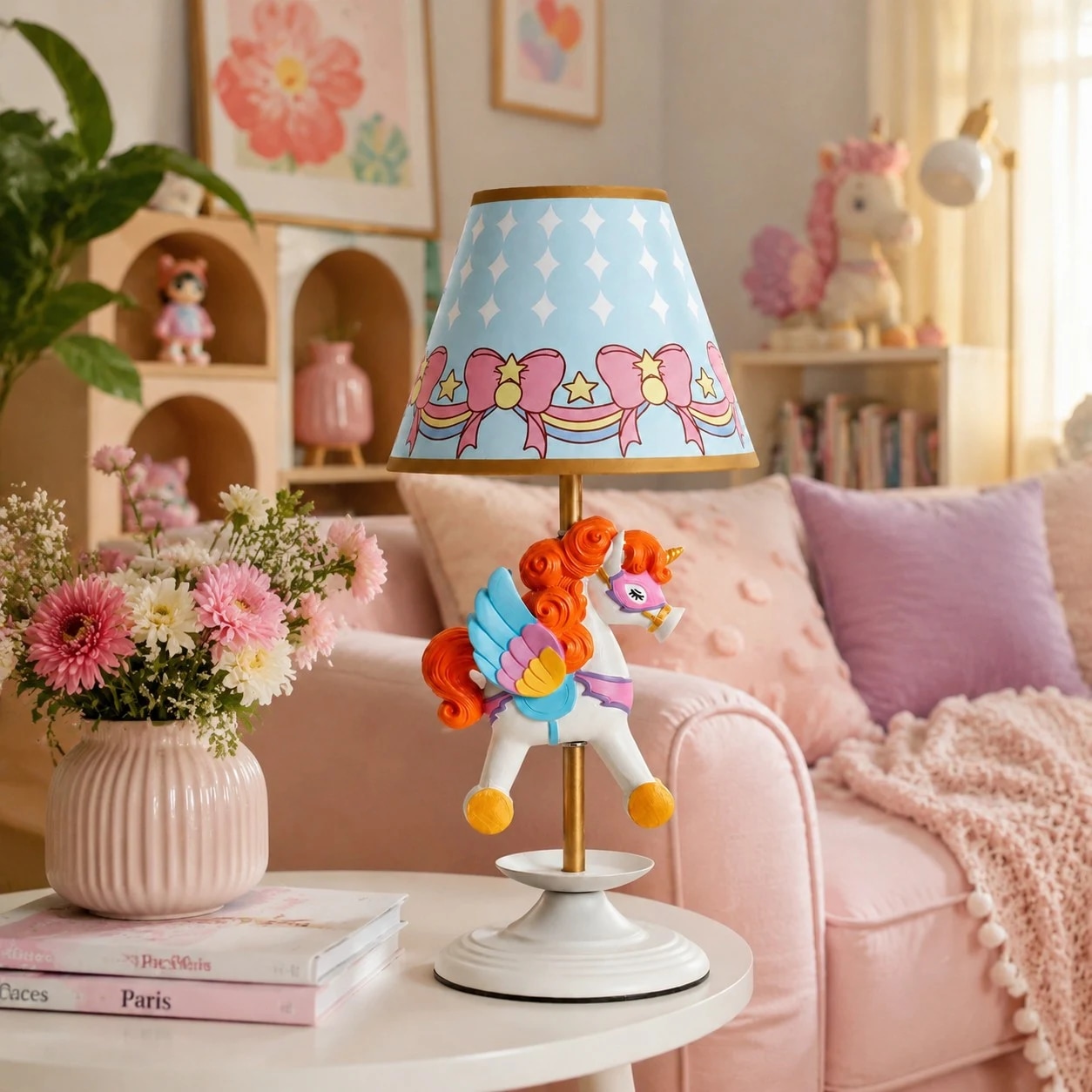Lampe de table licorne carrousel sur une table de chevet rose