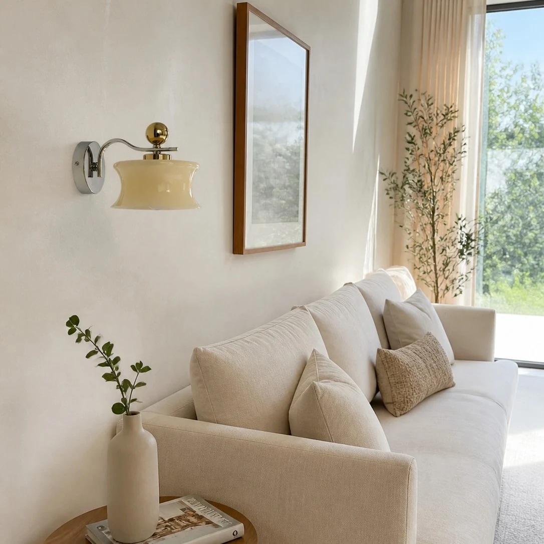 Cream glass wall lamp above a sofa
