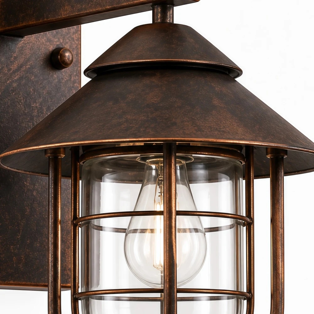 Abajur em metal bronze ferrugem com detalhe em vidro transparente