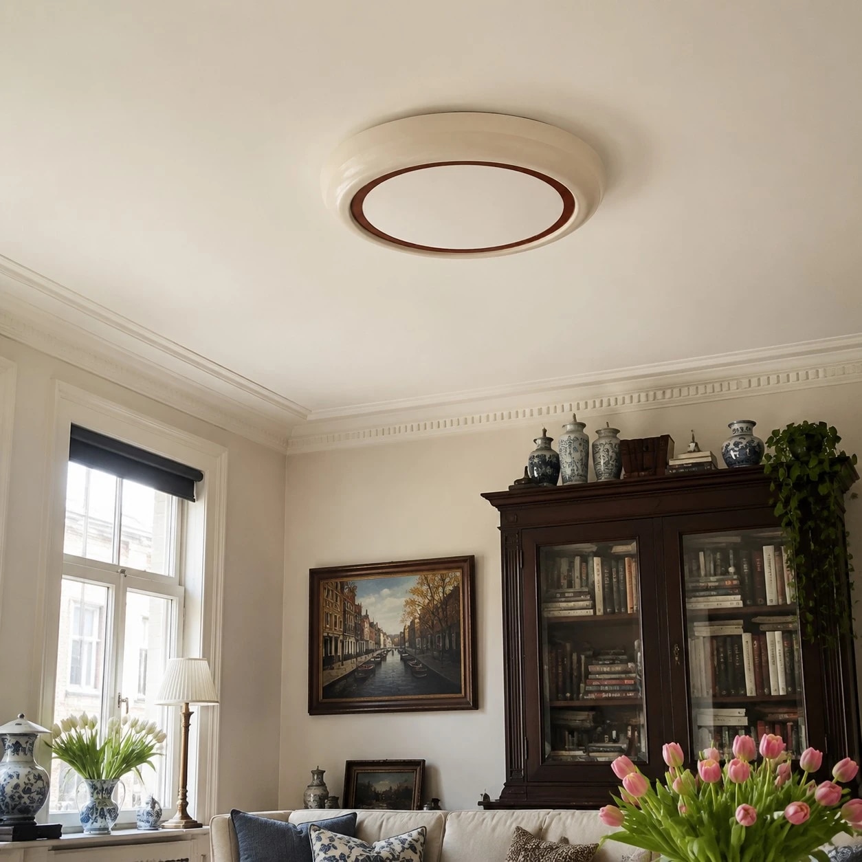 Round ceiling lamp installed in a modern room