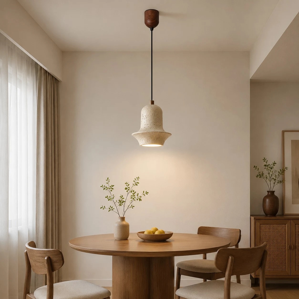 Luminária pendente de travertino sobre uma mesa de jantar.