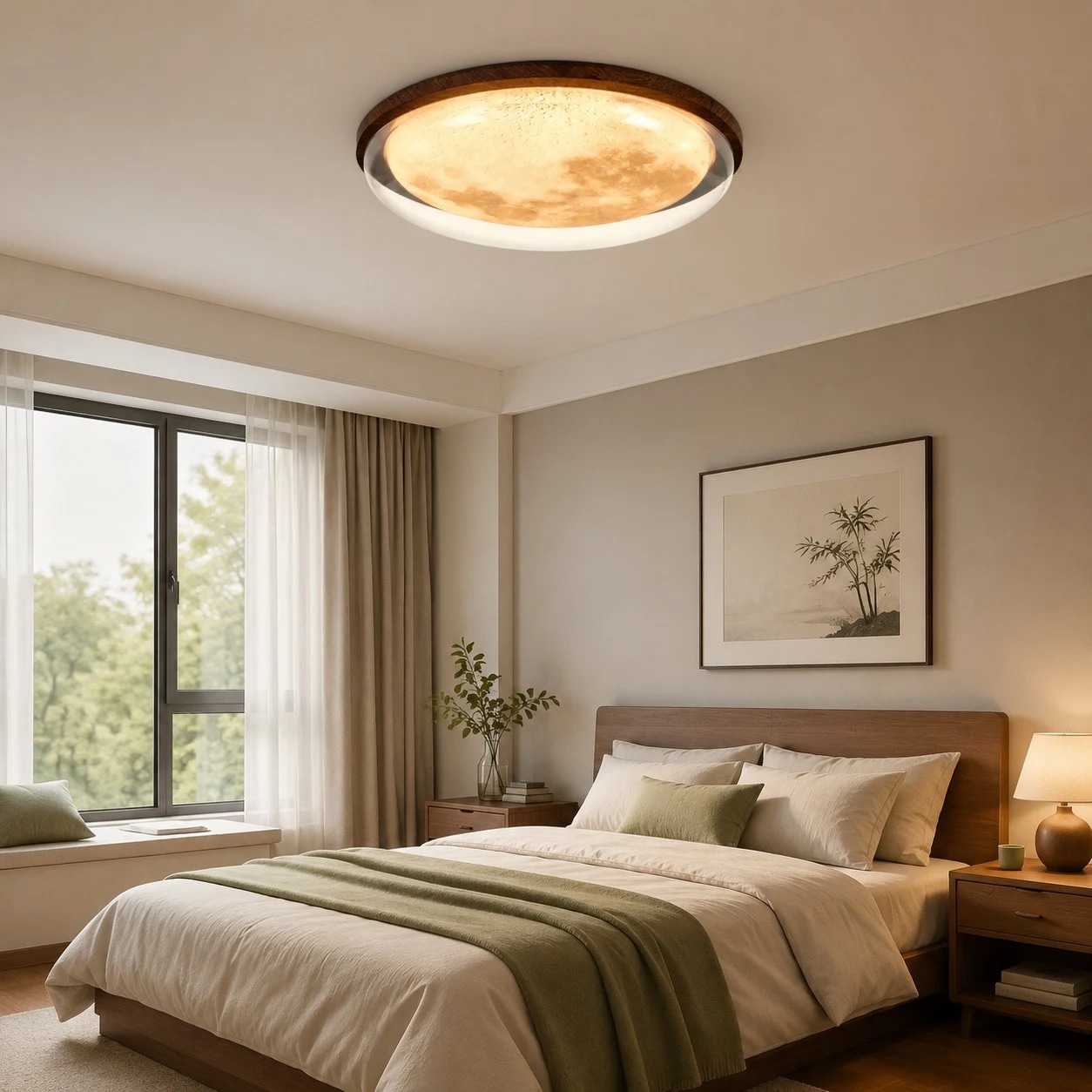 Moon ceiling light installed in a warm bedroom scene