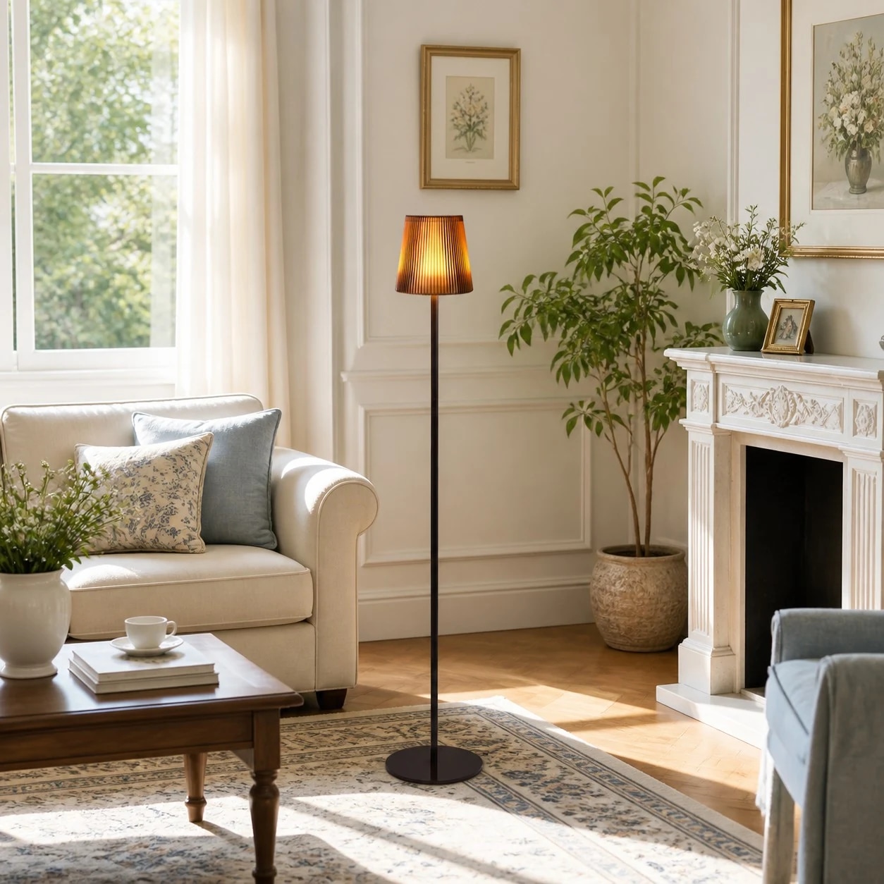 Lampadaire près de la fenêtre et de la cheminée