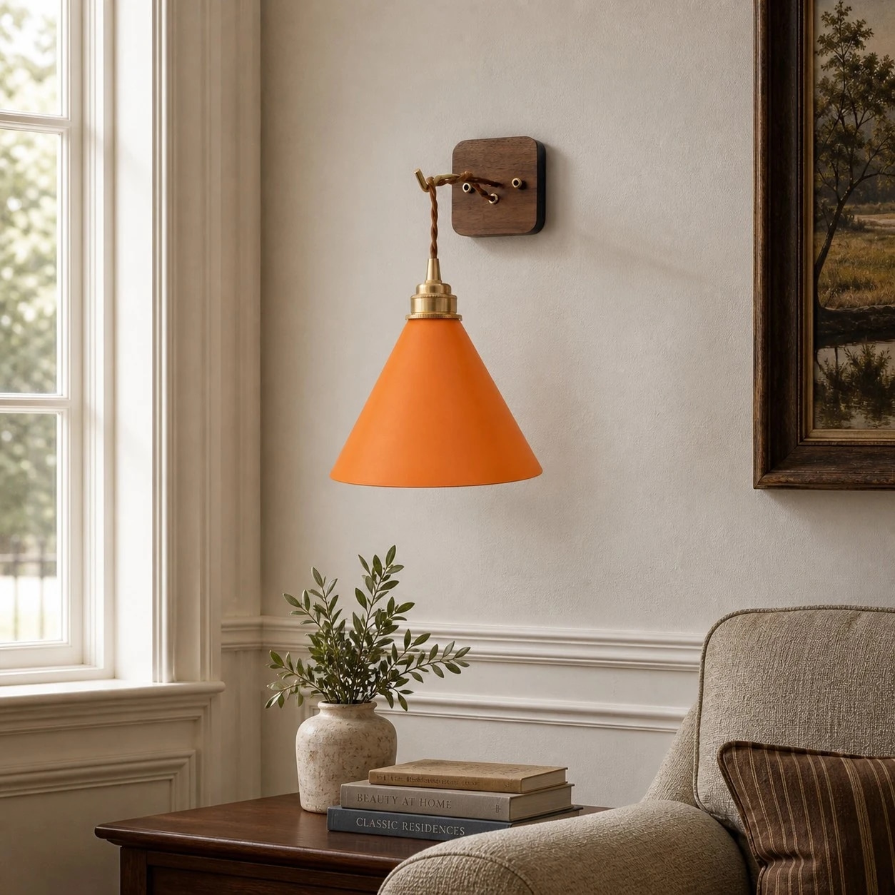 Handsydd vägglampa i läder installerad bredvid en säng