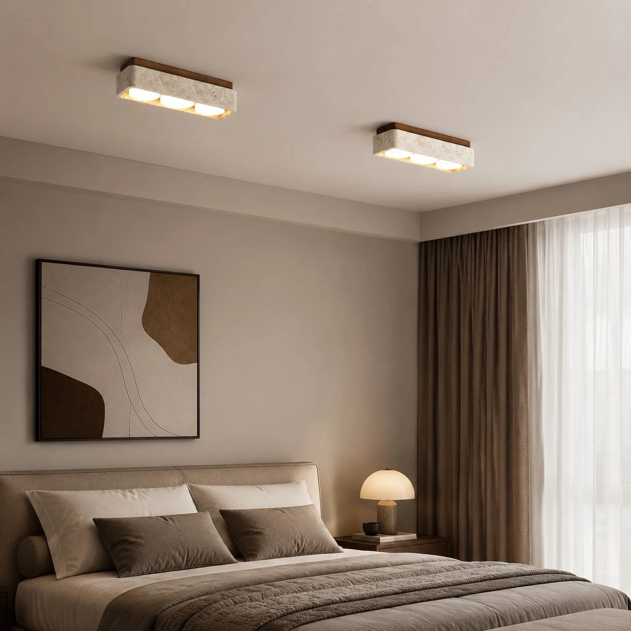 Plafonnier carré en travertin installé dans une chambre chaleureuse