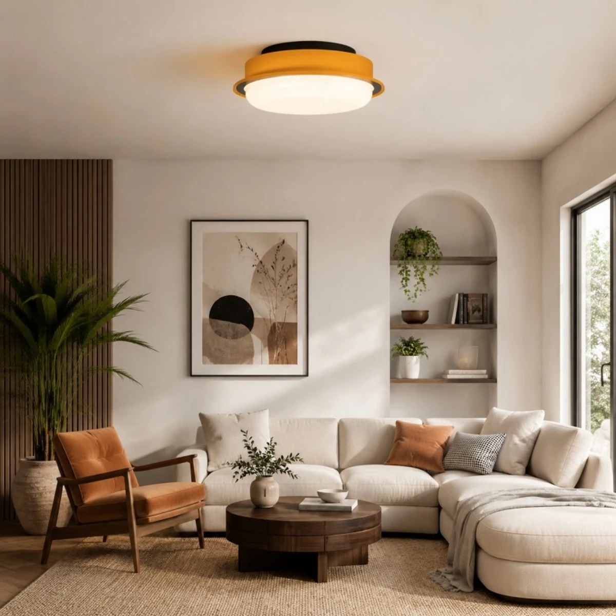 Amber yellow ceiling light fully shown in a warm living room