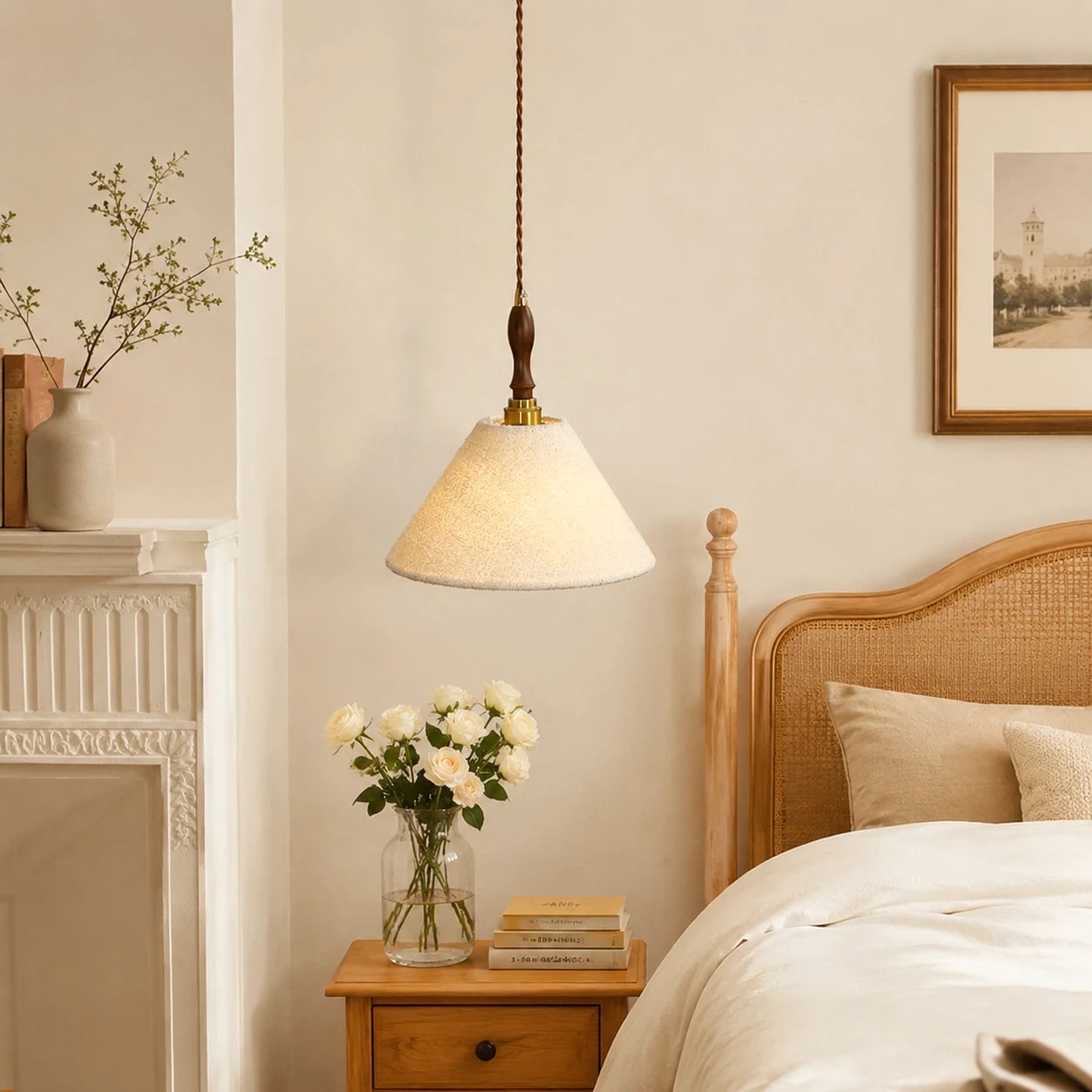 Cream fabric pendant light installed beside a bedroom bed