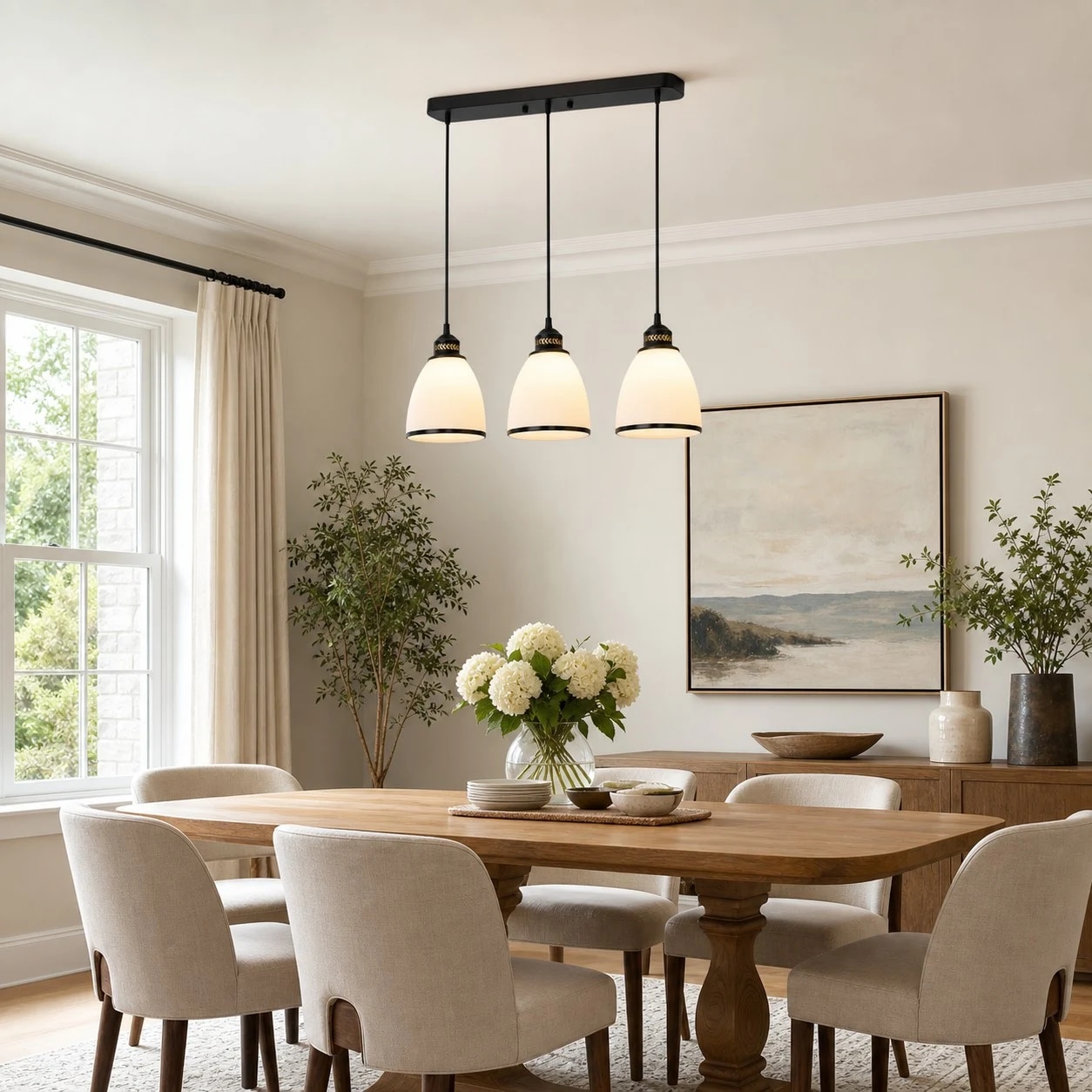 Linear three-light pendant lighting a wood dining table