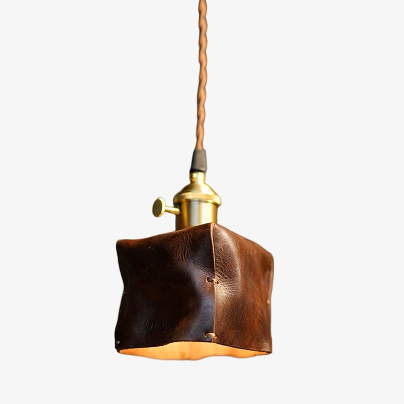 Hanglamp van donkerbruin leer, 9 x 9 cm