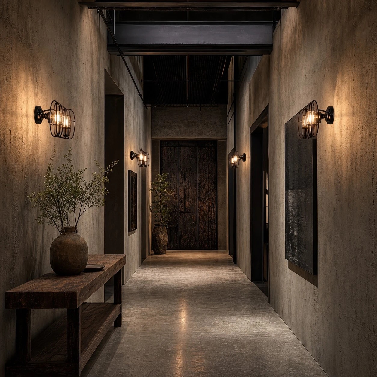 Industrial wall sconce in a narrow hallway with warm ambient lighting