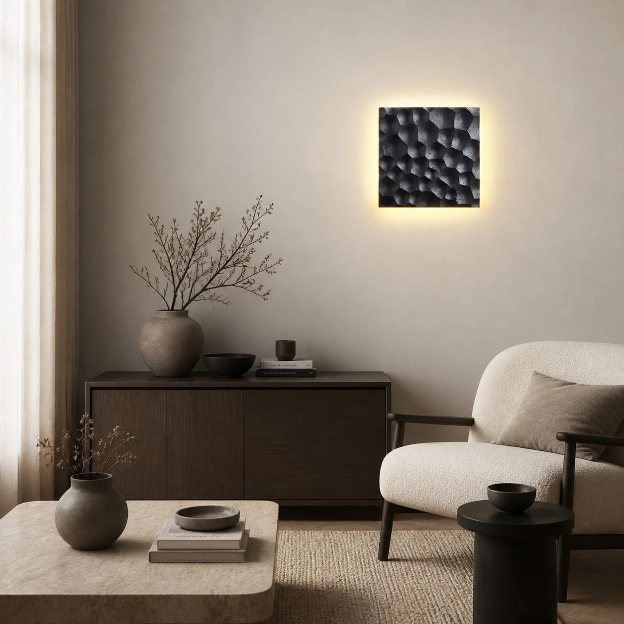 Aplique de parede quadrado em travertino usado como iluminação ambiente ao lado da cama.