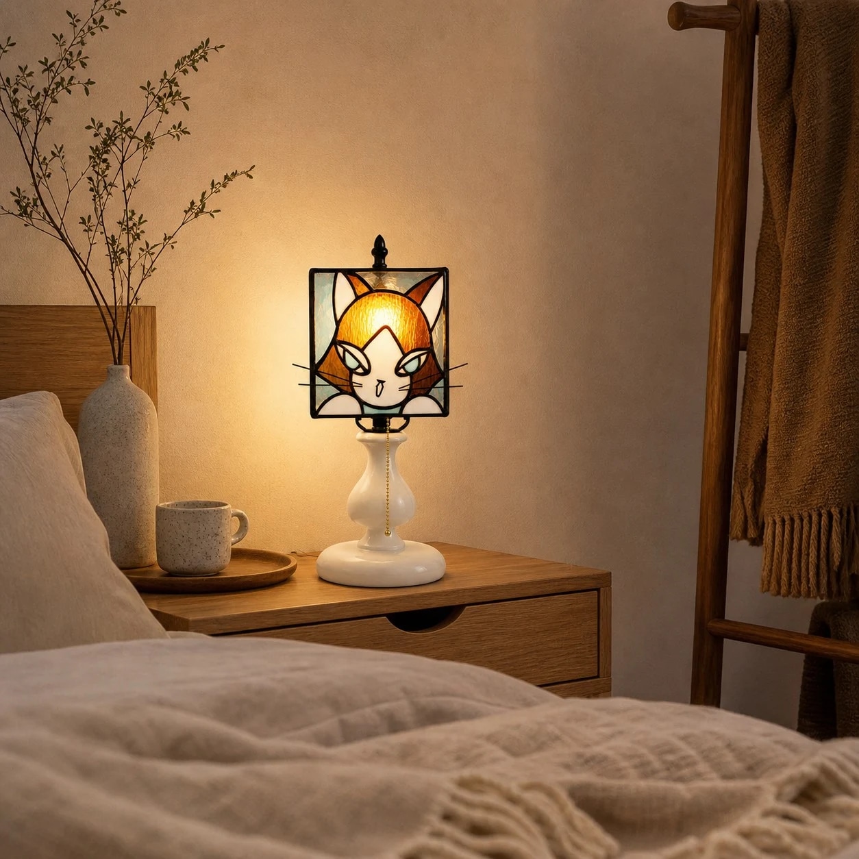 Lampe de table en vitrail représentant un chat, éclairée sur une table de chevet