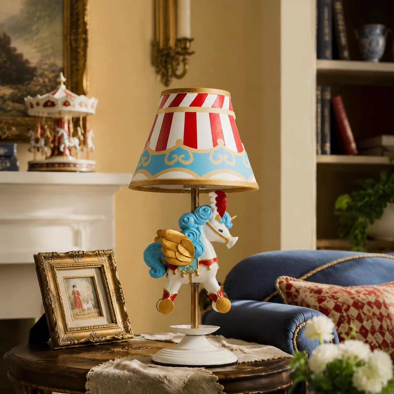 Lampe de table licorne de carrousel de cirque dans une pièce vintage chaleureuse