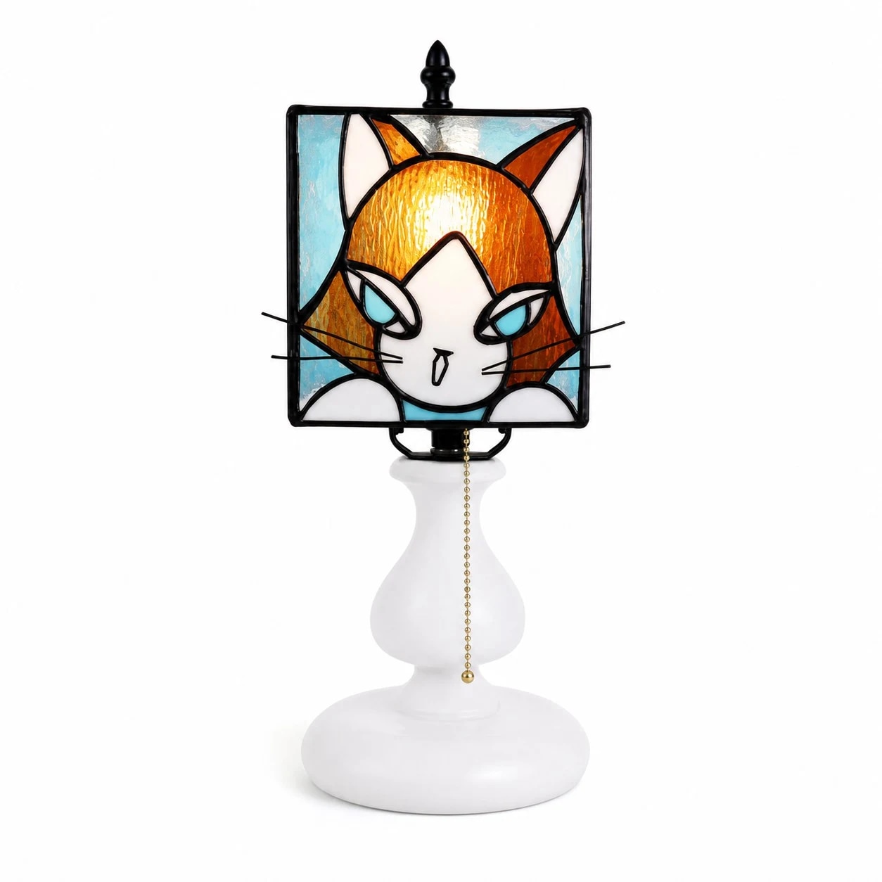 Lampe de table en vitrail représentant un chat orange et jaune