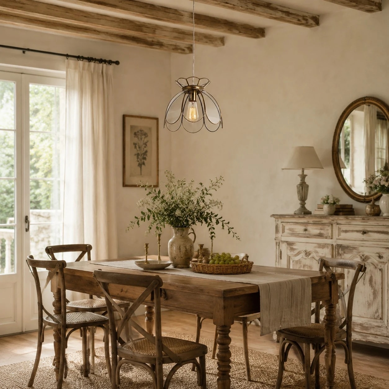 Vintage clear glass lotus pendant over a rustic dining table