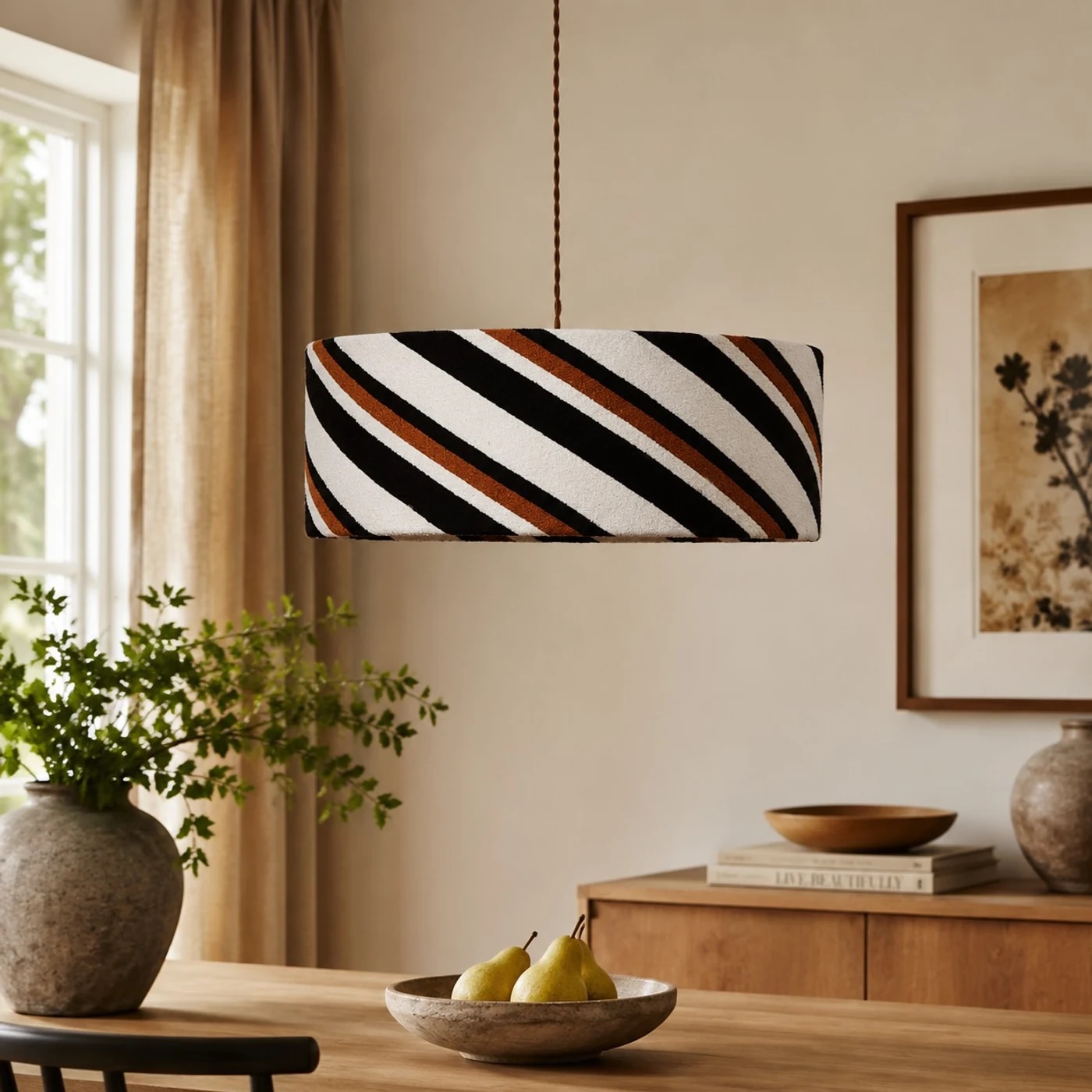 Lampa wisząca z tkaniny nad stołem jadalnym przy oknie