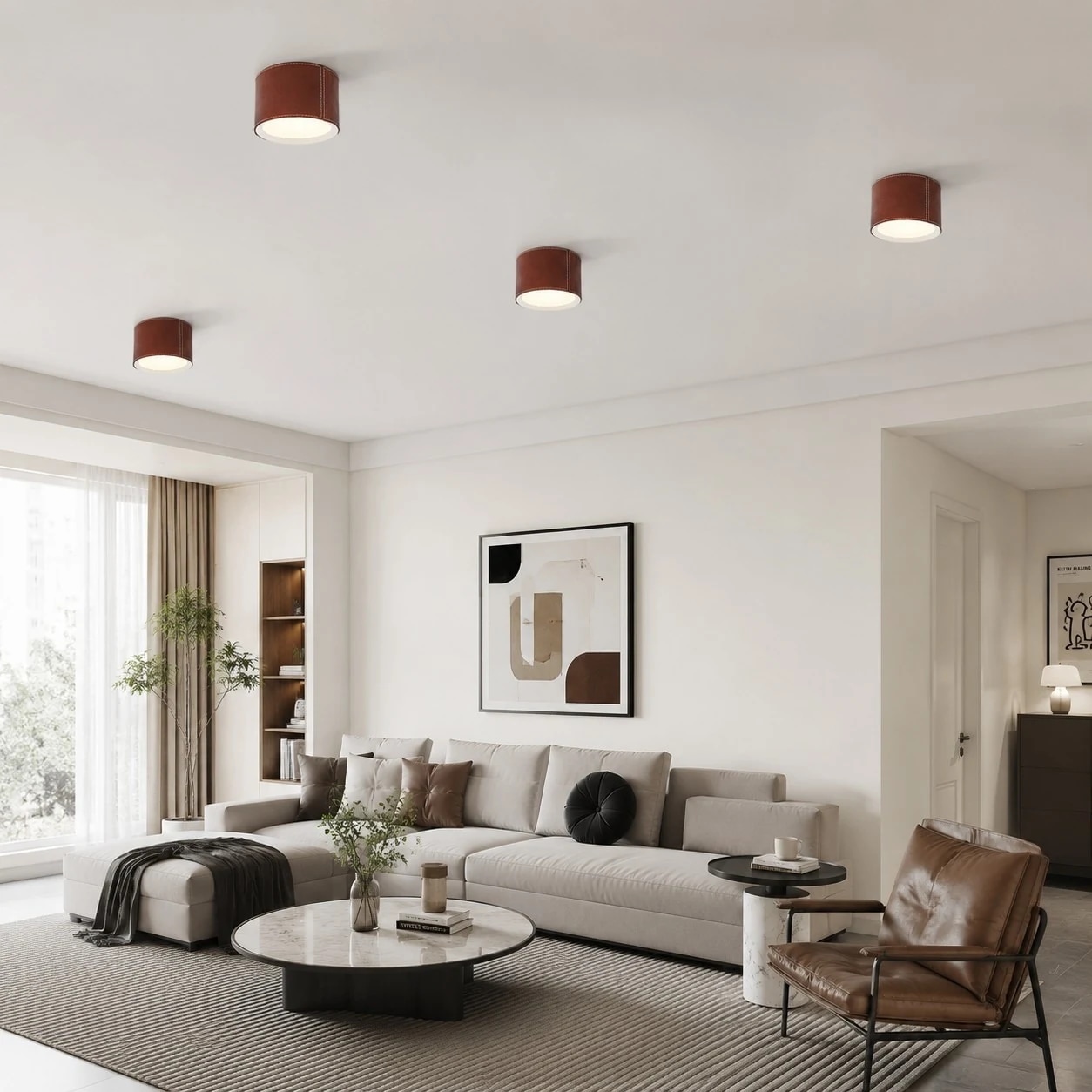 Burgundowe lampy sufitowe zamontowane w salonie