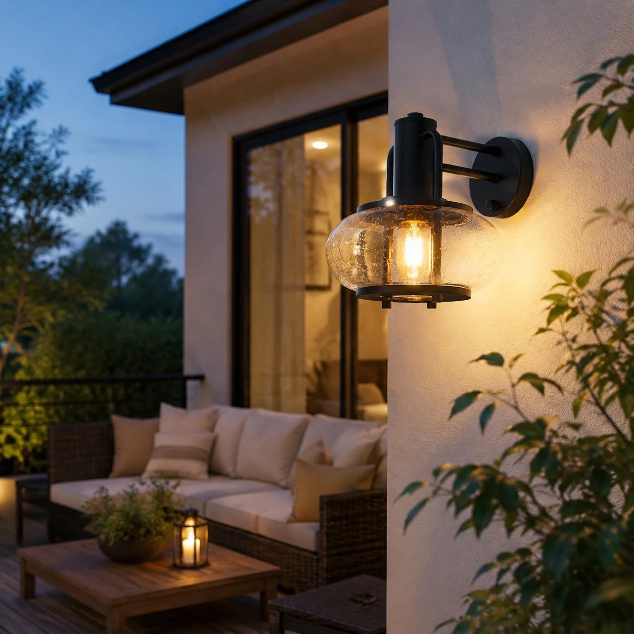Eine Außenwandleuchte auf der Terrasse wurde neben den Sitzgelegenheiten für den Abend installiert.