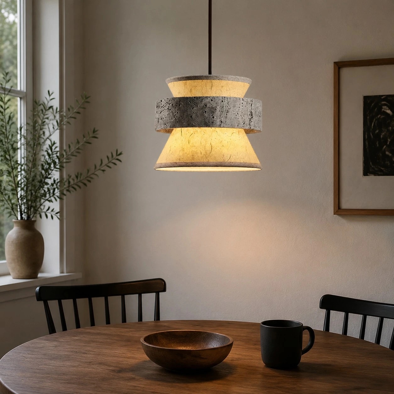 single grey stone and translucent paper pendant above a dining table