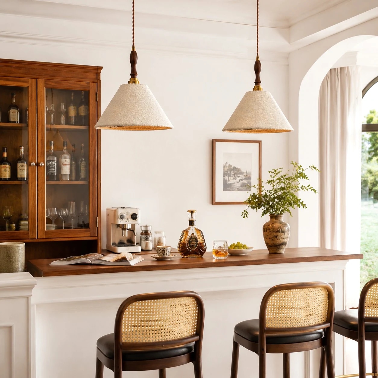 Pair of cream fabric pendant lights above a kitchen counter