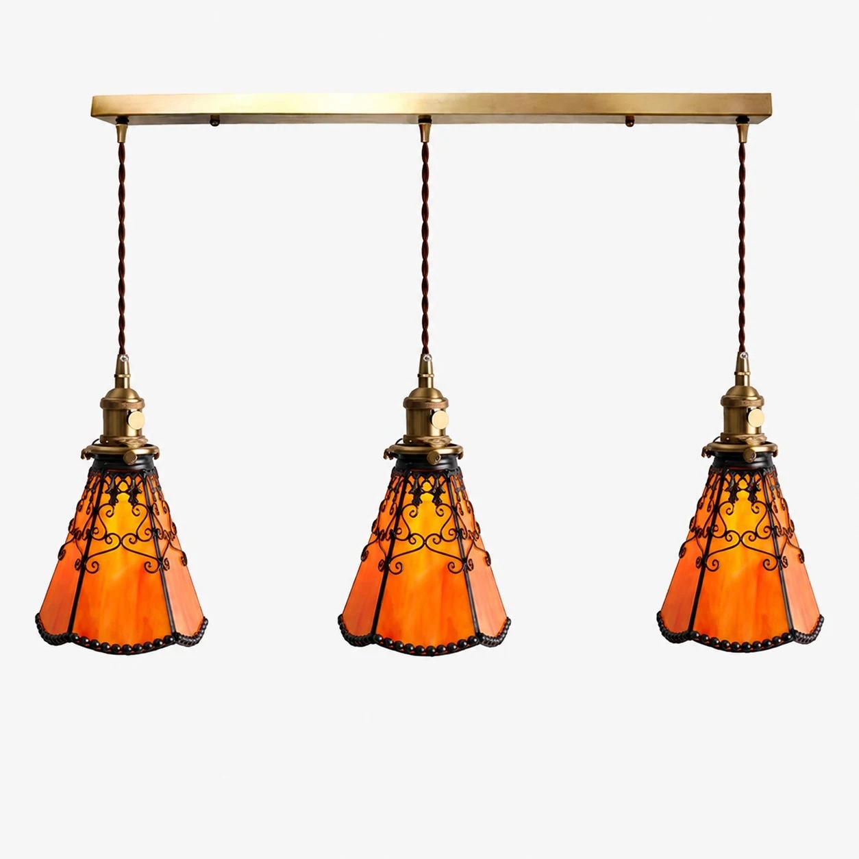 Orange red three-light linear Tiffany style pendant