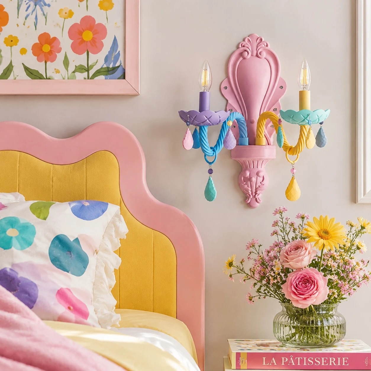 een kleurrijke wandlamp met twee lampen naast een roze kinderbed