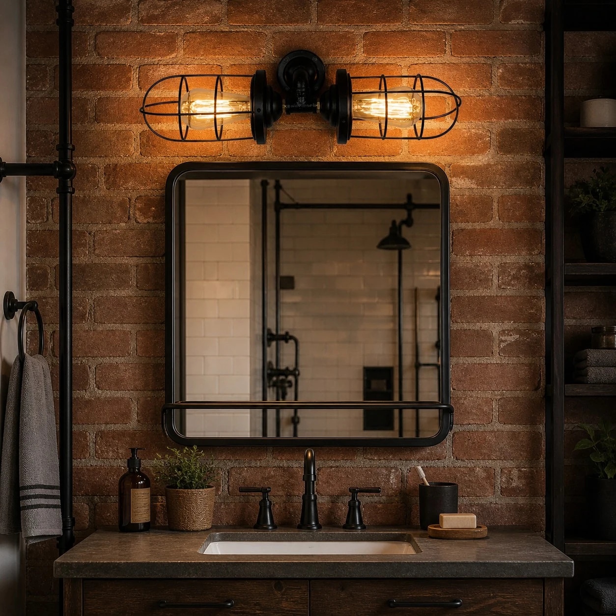 Industrial cage wall sconce installed in a warm interior