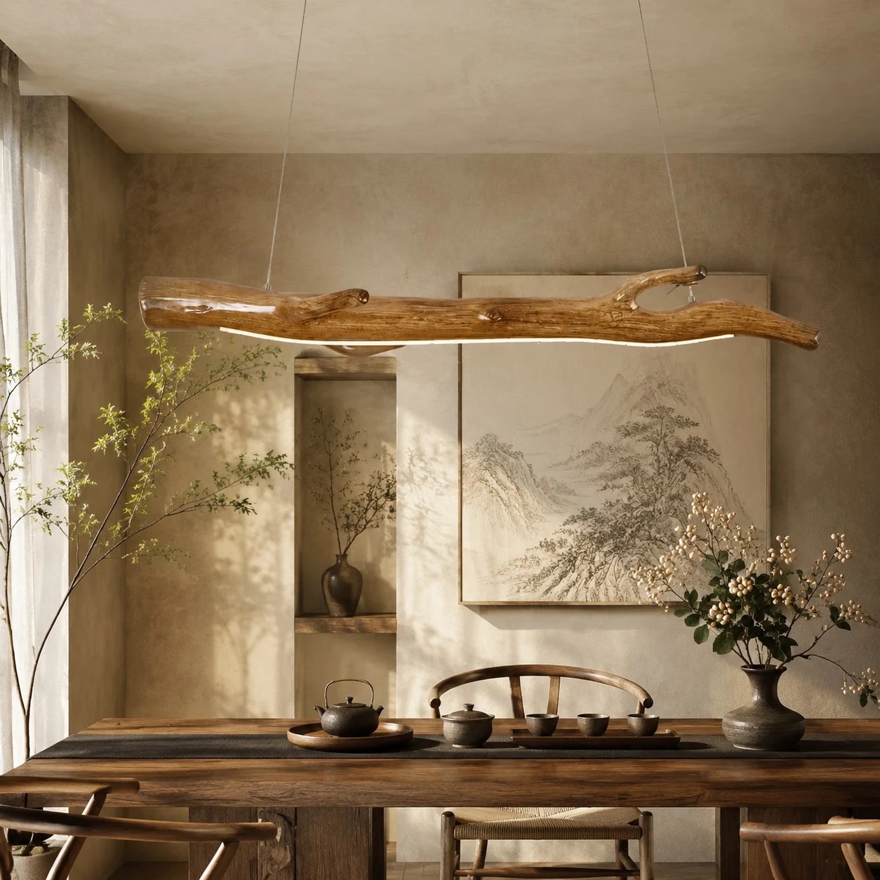 Suspension en bois naturel au-dessus d'une table de salon de thé zen