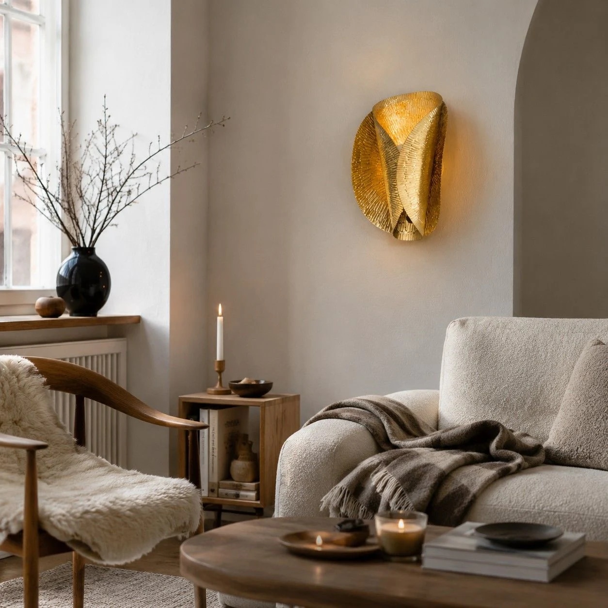 Gold wall sconce installed in a warm living room