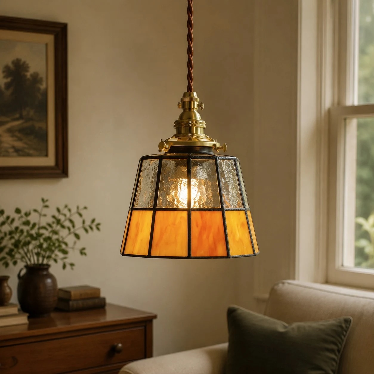 Bärnstensfärgad pendellampa i mässing i målat glas i ett varmt vintagerum
