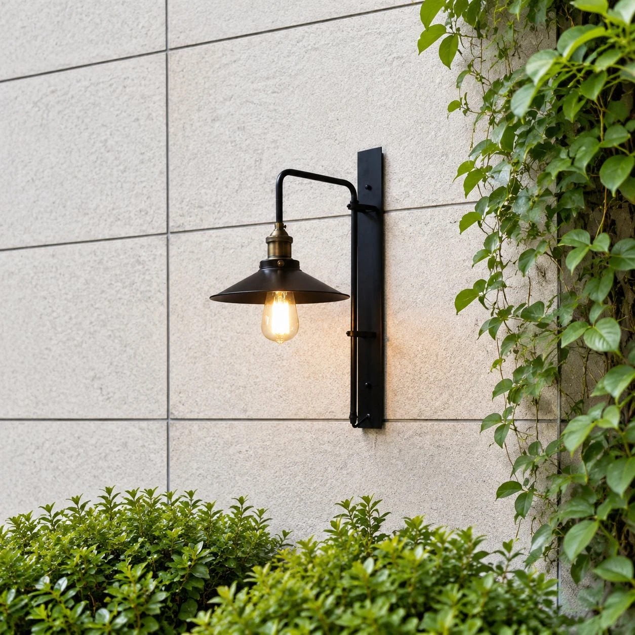 Lampada da parete in bronzo scuro accanto a un muro del giardino.