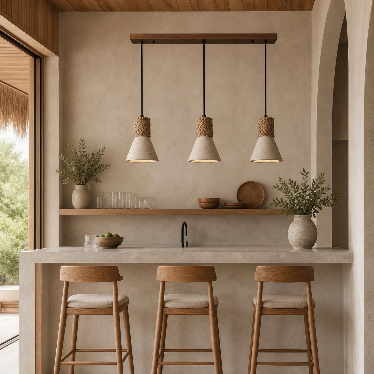 Lámpara colgante de tres luces sobre una isla de cocina.