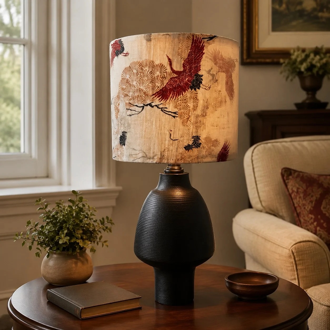 Chinoiserie crane table lamp styled beside a window and lounge chair