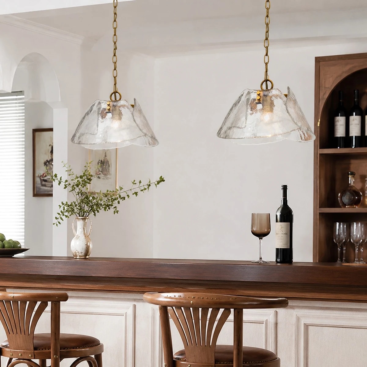 Two pendant lights above a bar counter