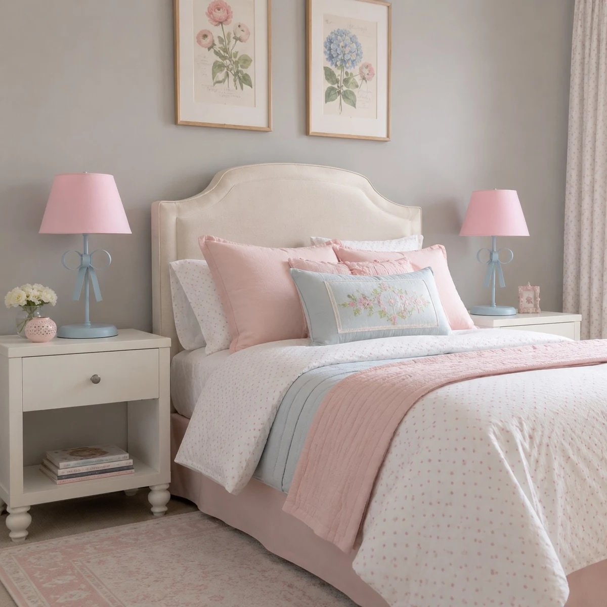 Chambre pastel avec lampes de chevet décoratives à nœud sur les tables de chevet