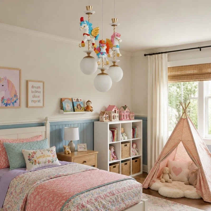 Lampadario a forma di unicorno installato nella cameretta per bambini dai colori pastello.