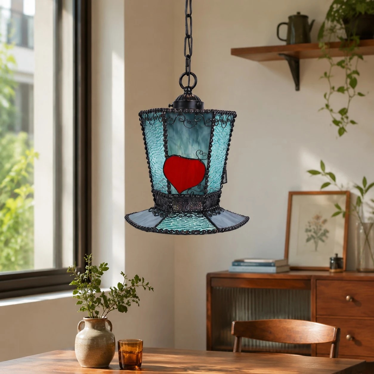 Blue pendant light in a cozy interior